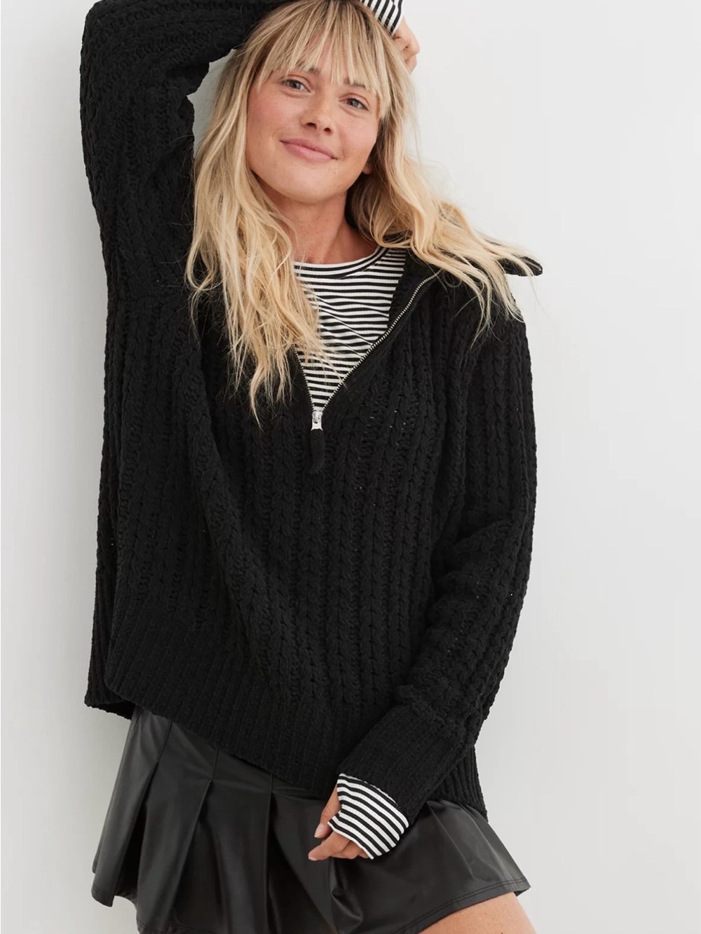 Aerie Cable Car Knit Quarter Zip Sweater - #